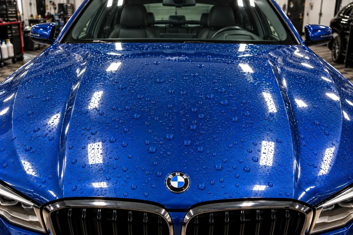 Ceramic-coated blue BMW hood with tight water beads