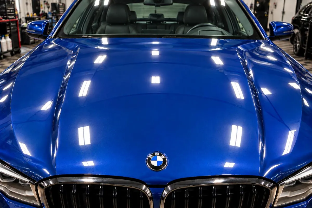 BMW hood after paint correction, swirl-free reflections