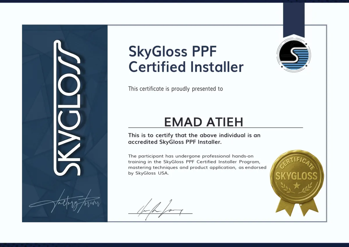 SkyGloss PPF Certified Installer certificate presented to Emad Atieh