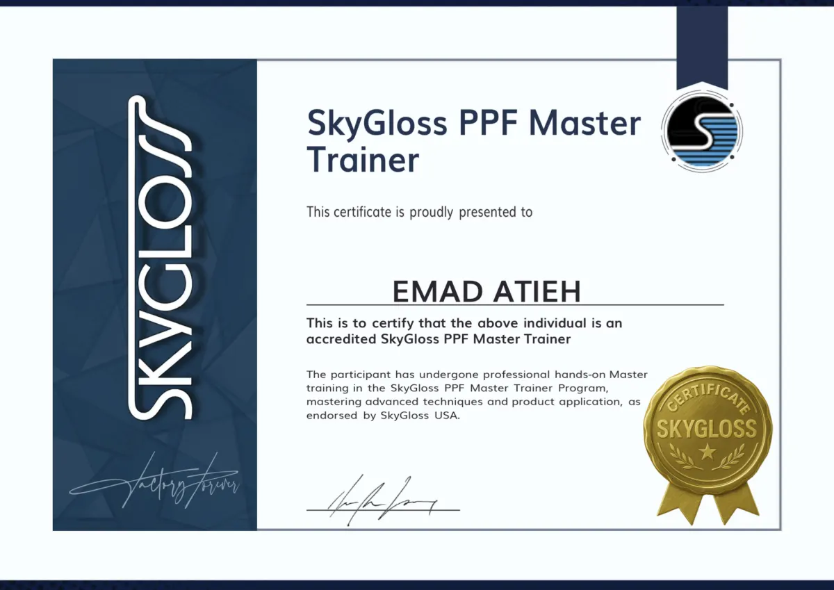 SkyGloss PPF Master Trainer certificate presented to Emad Atieh