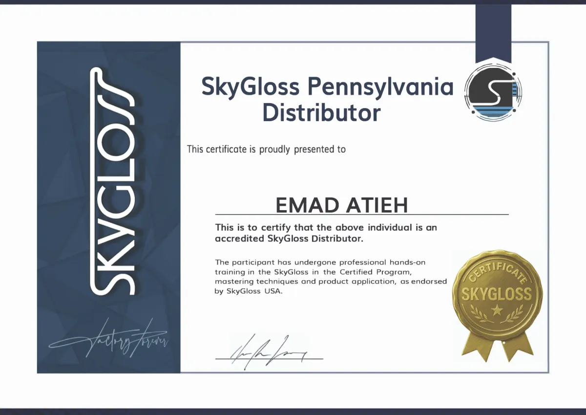 SkyGloss Pennsylvania Distributor certificate presented to Emad Atieh